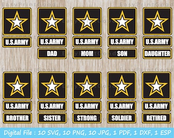 Könnte beinhalten: Eine Sammlung digitaler Dateien zum Thema US-Armee. Jedes Design zeigt ein schwarzes Quadrat mit einem goldenen Stern und den Worten "U.S. ARMY". Zusätzliche Designs sind "DAD", "MOM", "SON", "DAUGHTER", "BROTHER", "SISTER", "STRONG", "SOLDIER" und "RETIRED".
