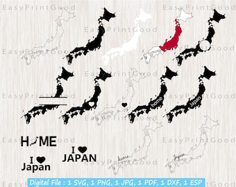 May include: A digital download of six different SVG files featuring an outline of Japan. The files include a black and white outline, a black outline with a red heart, a black outline with the word "home" written on it, a black outline with the word "Japan" written on it, a black outline with the Japanese flag, and a black outline with a white circle. The files also include the text "I love Japan" with a heart.