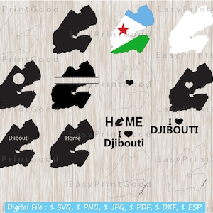 Karte von Dschibuti Svg Bundle, Dschibuti Karte, Monogramm Rahmen, Djibouti Outline, Schwarz weiß, Home, l love Dschibuti, Plotterdatei, Cricut Svg