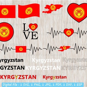 Paquete de bandera de Kirguistán Svg, Bandera de país de la nación nacional de Kirguistán, Amor, Agitación, Palabra de texto, Imágenes prediseñadas de mapa, Corazón, Archivo de corte, Cricut Svg