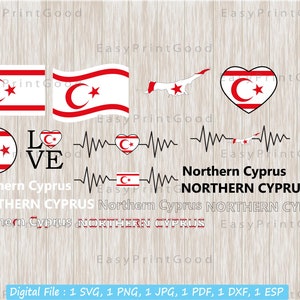 Puede incluir: Una descarga digital de un conjunto de gráficos con la bandera de Chipre del Norte. Los gráficos incluyen un corazón, una bandera ondeando, un mapa, un círculo y un latido del corazón con la bandera dentro. También se incluye el texto "LOVE" y "Chipre del Norte".