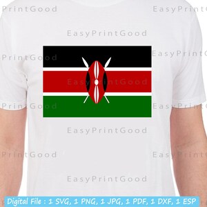 May include: A white t-shirt with a black, red, and green flag of Kenya printed on the front. The flag features a shield with two spears crossed behind it.