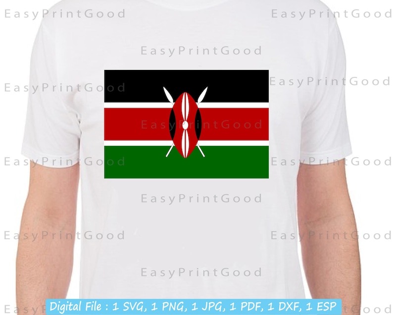 May include: A white t-shirt with a black, red, and green flag of Kenya printed on the front. The flag features a shield with two spears crossed behind it.