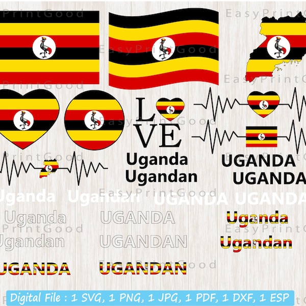 Uganda Flag Bundle Svg, Love Ugandan Svg, Waving Uganda, Uganda Clip Art, Heart Uganda, Uganda Text Word Letter Typography, Cut file, Cricut