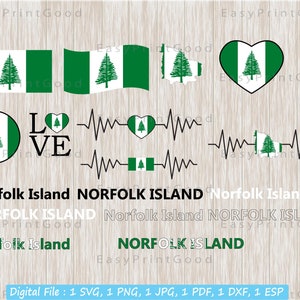 Paquete Svg de la bandera de la isla de Norfolk, mapa de la isla de Norfolk, bandera de forma de amor, corazón, ondear, bandera redonda, latido del corazón, palabra de texto, archivo de corte, Cricut