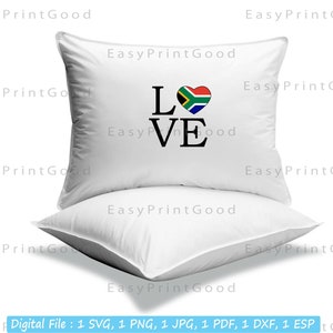 May include: Two white pillows with a black and white graphic that says "LOVE" with a heart in the middle. The heart is the South African flag.