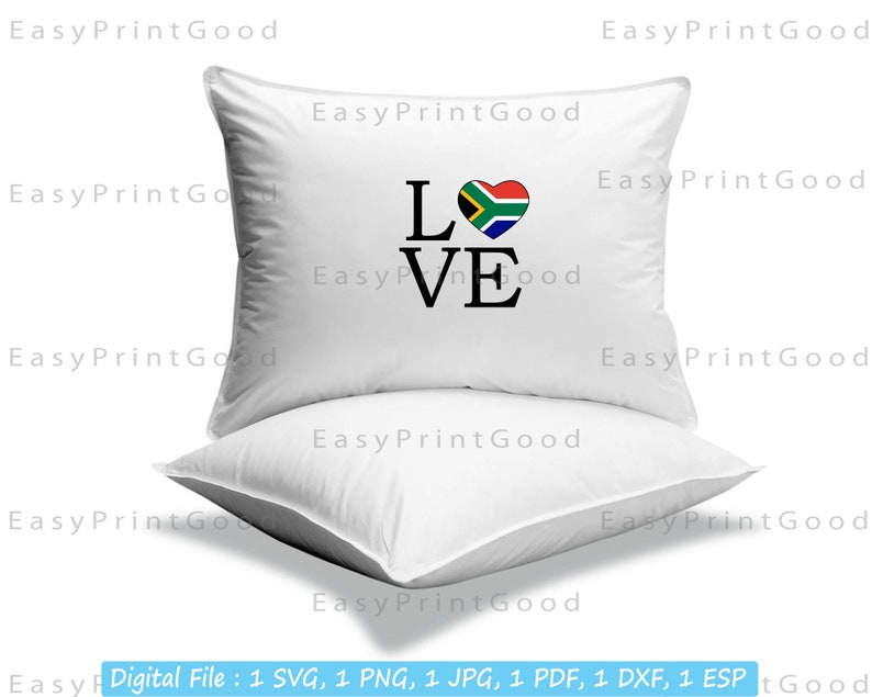 May include: Two white pillows with a black and white graphic that says "LOVE" with a heart in the middle. The heart is the South African flag.