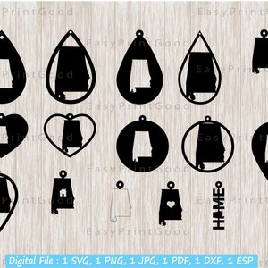 15 Alabama Earring Svg, Alabama Shapes Earrings Template, Boucle d’oreille en cuir, Alabama Teardrop, Modèle de pendentif Bijoux, Fichier coupé, Cricut