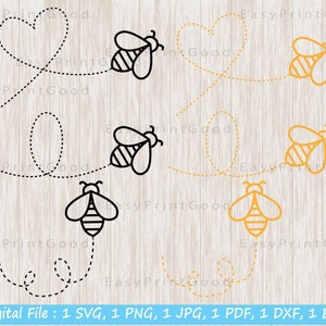 May include: A digital download of six bee SVG cut files. The bees are flying in a heart shape, a circle, and a squiggly line. The bees are black and yellow, and the lines are black and yellow.