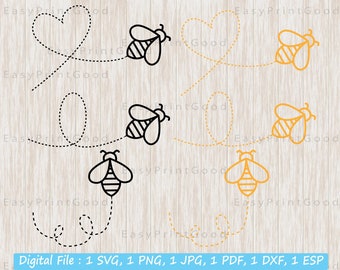 May include: A digital download of six bee SVG cut files. The bees are flying in a heart shape, a circle, and a squiggly line. The bees are black and yellow, and the lines are black and yellow.