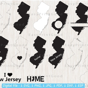 New Jersey Svg Bundle, New Jersey Clipart, New Jersey Map Svg, New Jersey State Outline, Monogram Frame, Home, Cut bestand, Cricut Svg