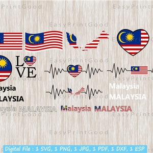 Malaysia Flag SVG Bundle: Heartbeat, Map, Outline (Digital Download)
