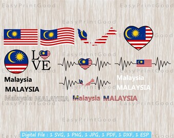 Malaysia Flag SVG Bundle: Heartbeat, Map, Outline (Digital Download)
