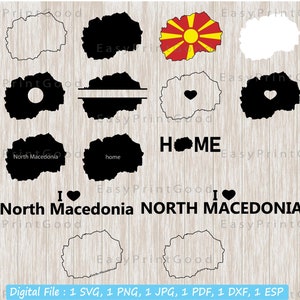 North Macedonia Map Svg Bundle, Macedonian Clipart, Country Nation Silhouette Outline, I Love, Home, Monogram Frame, Cut file, Cricut Svg