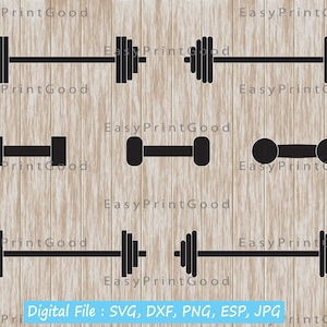 May include: A digital file download of five different weightlifting equipment silhouettes. The images include a barbell with weights on each end, a dumbbell, and two different versions of a barbell with weights on each end. The images are black against a wood grain background. The text "Digital File: SVG, DXF, PNG, ESP, JPG" is at the bottom of the image.