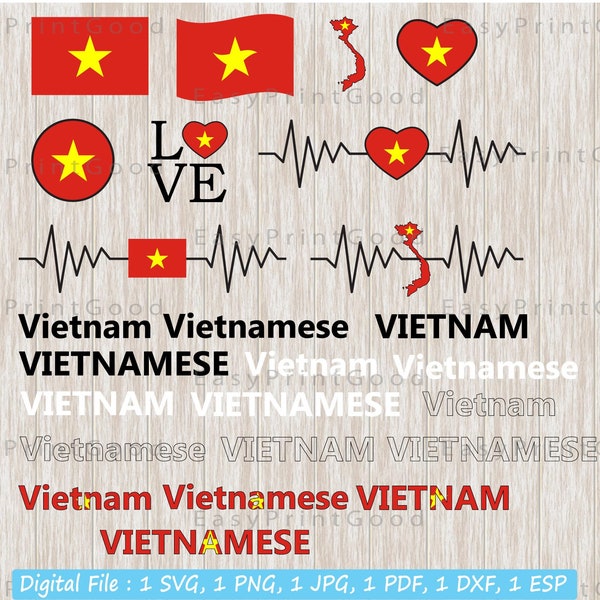 Vietnam Flag Bundle Svg, Vietnam National Flag, Love, Waving, Vietnamese ClipArt, Heart Vietnam Map, Vietnam Flag Word Art, Cut file, Cricut