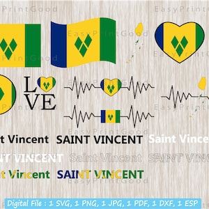 Paquete Svg de la bandera nacional de la isla de San Vicente, Bandera de San Vicente, Palabra de texto, Amor, Mapa, Corazón, Agitación, Imágenes prediseñadas, Latido del corazón, Archivo de corte, Cricut