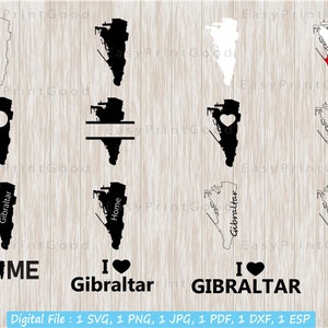 Gibraltar SVG Bundle, Kontur, Gibraltar Karte SVG, Haus, Clipart, Liebe Gibraltar, Monogramm Rahmen, Herz, Silhouette, ausgeschnittene Datei, Cricut SVG
