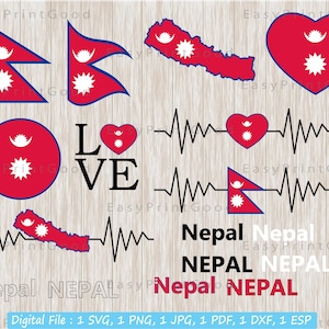 Paquete Svg de la bandera de Nepal, bandera nacional de Nepal, bandera del país de la nación de Nepal, palabra de texto, amor, corazón, agitando, imágenes prediseñadas del mapa de Nepal, archivo recortado, Cricut