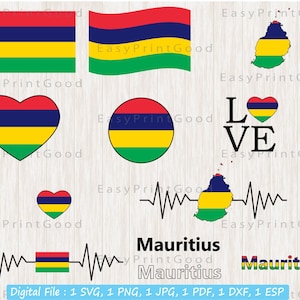 Pacote de bandeira das Maurícias Svg, bandeira nacional das Maurícias, amor, acenando nas Maurícias, coração, texto da bandeira das Maurícias Word Art, arquivo cortado, Cricut