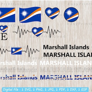 May include: Digital download of a set of graphics featuring the flag of the Marshall Islands. The set includes a heart with the flag, a flag waving in the wind, a circle with the flag, and a heartbeat line with the flag. The text "Marshall Islands" is written in all caps below the graphics.