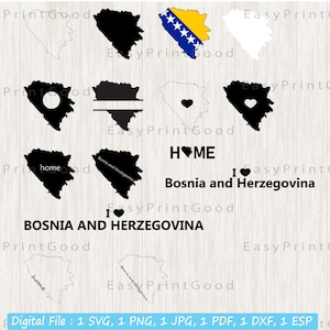 Paquete svg de Bosnia y Herzegovina, esquema de Bosnia y Herzegovina, mapa svg, hogar, imágenes prediseñadas, marco de monograma, bandera de mapa svg, archivo de corte, cricut