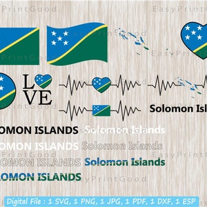 ソロモン諸島の国旗 SVG バンドル、ソロモン諸島の地図の旗、ソロモン諸島の国旗、バナー、愛、テキスト ワード、手を振る、カット ファイル、Cricut