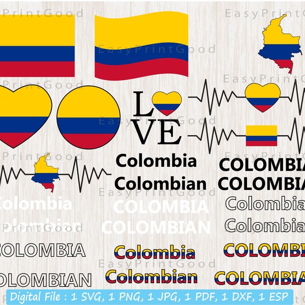 Colombia Flag Svg Bundle, Colombia National Flag, Colombian Nation Country Banner, Love, Waving, Colombia Map ClipArt, Cut file, Cricut
