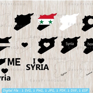 May include: A digital download of 10 SVG, PNG, JPG, PDF, DXF, and ESP files featuring different variations of the Syrian flag and outline of the country. The designs include the Syrian flag, a heart, the word "Syria", and the word "home".