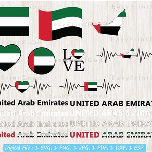 Vereinigte Arabische Emirate Flaggen Bundle, SVG, Flagge, Liebe, Winken, Karte, Herz, Umriss, Text Wort, Herzschlag, schwarz und weiß, ausgeschnittene Datei, Cricut