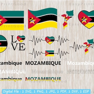 Paquete de bandera de Mozambique Svg, Bandera nacional de Mozambique, Amor, Agitación, Corazón de la bandera de Mozambique, Latido del corazón, Arte de la palabra de texto, Archivo recortado, Cricut Svg