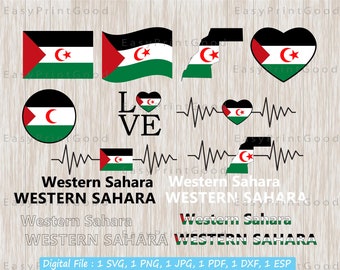 Bundle Svg drapeau Sahara occidental, carte du Sahara occidental, Clipart, amour, coeur, agitant, drapeau rond, battement de coeur, mot texte, couper fichier, Cricut Svg