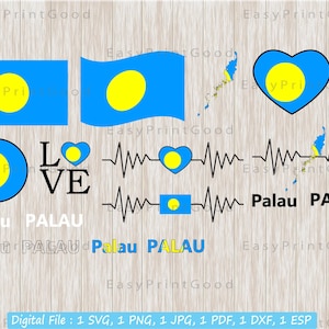 Palau Flag Bundle Svg, Palau Clipart, Bandera Nacional de Palau, Amor, Saludar, Corazón, Nombre, Palabra de texto, Latido del corazón, Archivo de corte, diseño de camiseta, Cricut