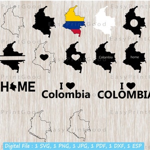 Colombia Map Svg Bundle, Colombia Country, Colombian Clipart, Country Nation Silhouette, I Love, Home, Monogram Frame, Cut file, Cricut