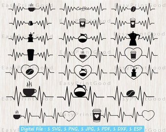 コーヒーハートビート SVG バンドル: コーヒー愛好家向け EKG カットファイル (デジタルダウンロード)