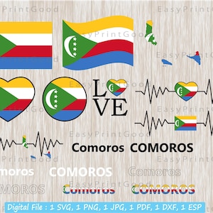 Comores Flag Svg Bundle, Comores National Flag, Comores Nation Country Banner, Love, Waving, Map, TextWord, ClipArt, Cut file, Cricut Svg
