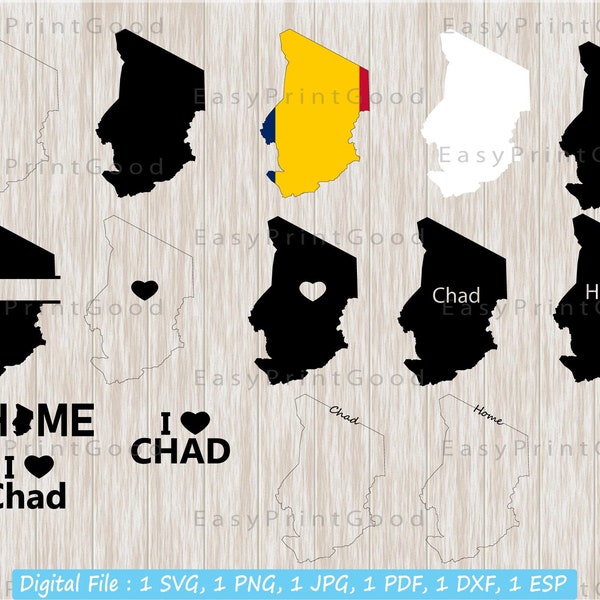 Chad Svg Bundle, Chad Clipart, Chad Map Svg, Chad Country Map Outline, Monogram Frame, Home, Black and White, l love Chad, Cut file, Cricut