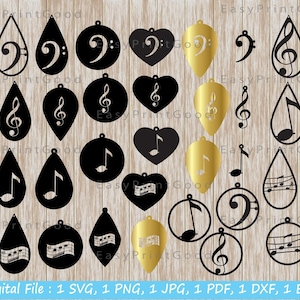 Pendiente de música Svg, Pendiente de nota musical Svg, Imágenes prediseñadas de pendientes de clave de sol, Paquete de pendientes de música, Plantilla de cuero de pendiente Corte láser, Cricut
