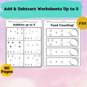 Addition And Subtraction Worksheets up to 5, Math Worksheets, Printable, Kindergarten, Addition, Subtraction, Instant download