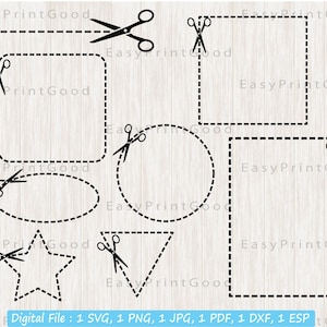 Papel cortado aquí formas para scrapbooking, tijeras cortar aquí hacia fuera guía de línea punteada, cupón de contorno, tijeras con línea de corte, cortar archivo, cricut