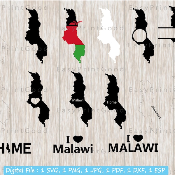 Malawi Svg Bundle, Malawi Clipart, Malawi Map, Malawi Country Map Outline, Monogram Frame, Home, l love, White & Black, Cut file, Cricut Svg