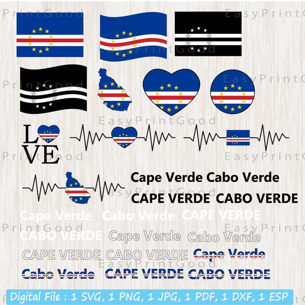 Cape Verde Flagge Bundle Svg, Cape Verde Flagge, Cabo Verde Flagge Clipart, Liebe, Welle, Text, Griechenland Karte, Cut File, Cricut & Silhouette