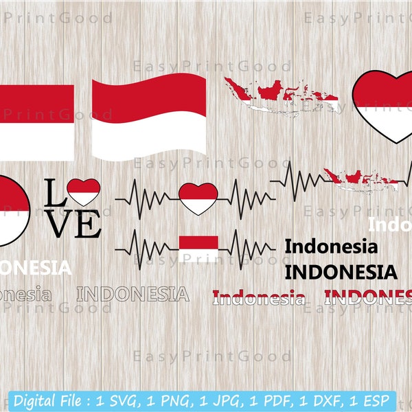 Indonesia Flag Bundle Svg, Indonesia Flag, Love, Waving, Indonesia Clip Art, Heart, Map, Indonesia National, Text Word, Cut file, Cricut Svg