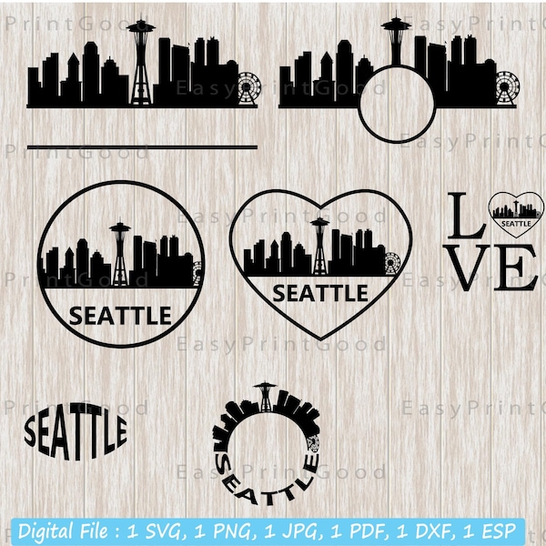 Seattle Frame Svg, Seattle Svg, Seattle Cityscape Silhouette Svg, Seattle Skyline, Cut file, Cricut, Vector Clipart, Instant Download