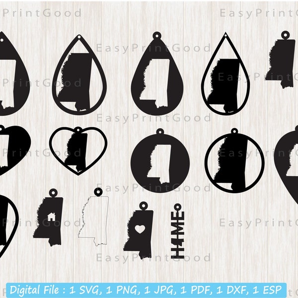 15 Mississippi Earring Svg, Mississippi Shapes Earrings Template, Leather Earring, Mississippi Teardrop, Template Jewelry, Cut File, Cricut