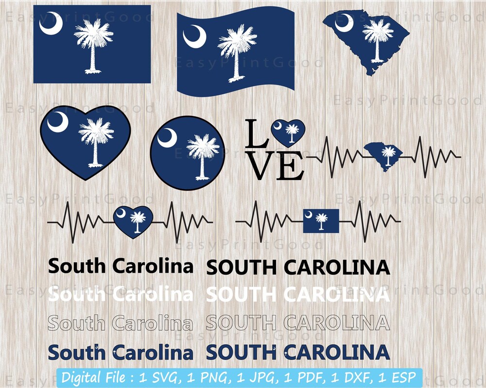 South Carolina Flag Bundle Svg, South Carolina State, Circle, Text Word, Map, Love , Waving, Flag Heart, Heartbeat, Cut File, Cricut Svg Shopspost Style