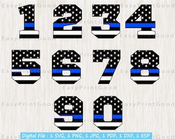 May include: Ten digital cut files of numbers 1 through 10 with a thin blue line and an American flag design. The numbers are black with white outlines.