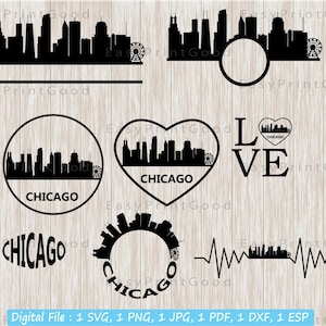 Chicago Frame Svg Bundle, Chicago Svg, Illinois Skyline Cityscape Silhouette Svg, arquivo cortado, Cricut Svg, Monogram Frame, Clipart, Digital