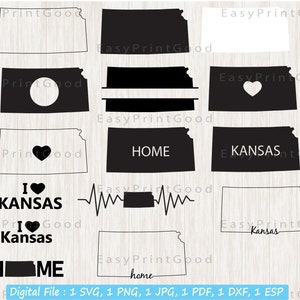 Kansas Svg Bundle, 15 Kansas State Svg, Kansas Clipart, Kansas Map Svg, Kansas Outline, Kansas Home, Monogram Frame, Cut file, Cricut Svg