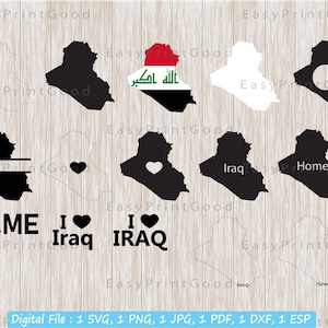 Irak Kaart Svg Bundel, Irak Kaart Vlag, Irak Clipart, Outline, Irak Home, Monogram Frame, Zwart en Wit, Ik hou van, Silhouet, Cut bestand, Cricut